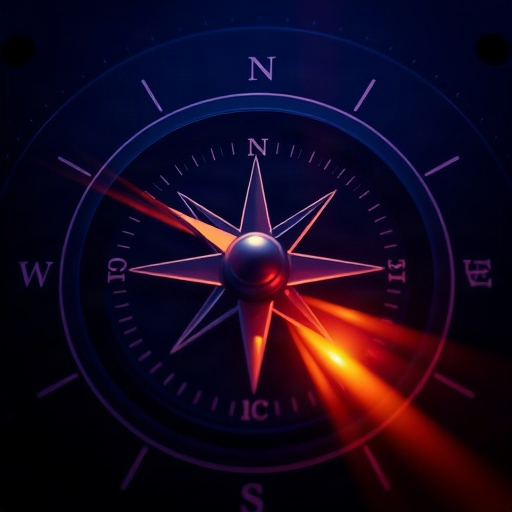 Abstract compass dial with gold sun ray and indigo shadow on dark panel