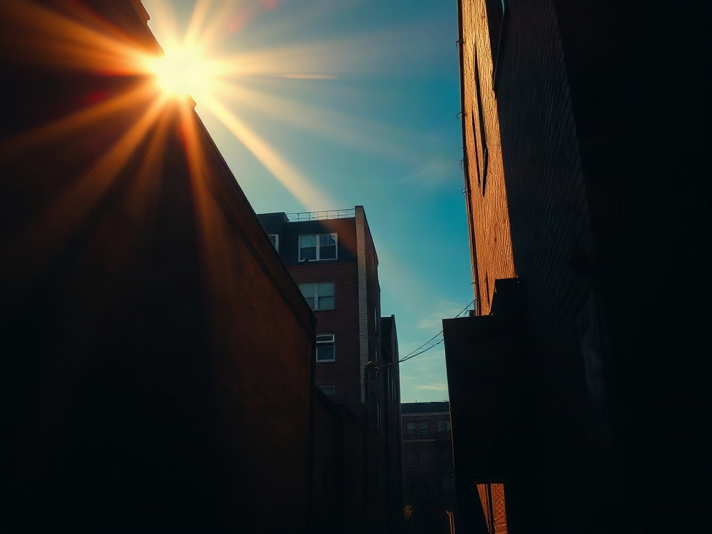 Urban alley with strong midday canyon light between sunlit brick and deep shadow