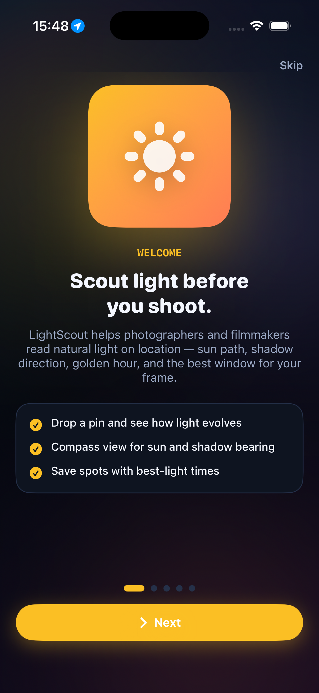 Scout home with light compass, live location, and best-light card