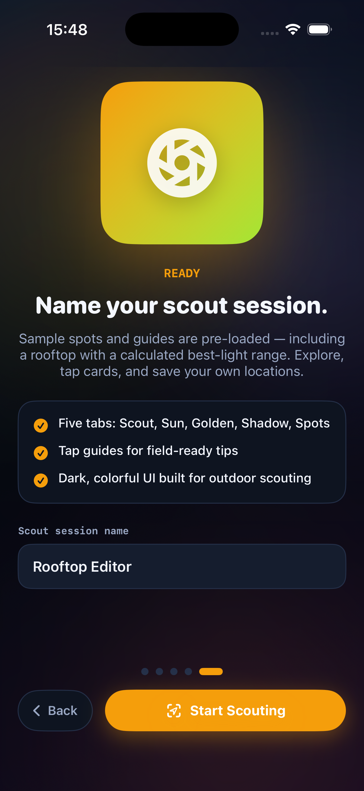 Golden hour tab showing warm light windows and tips