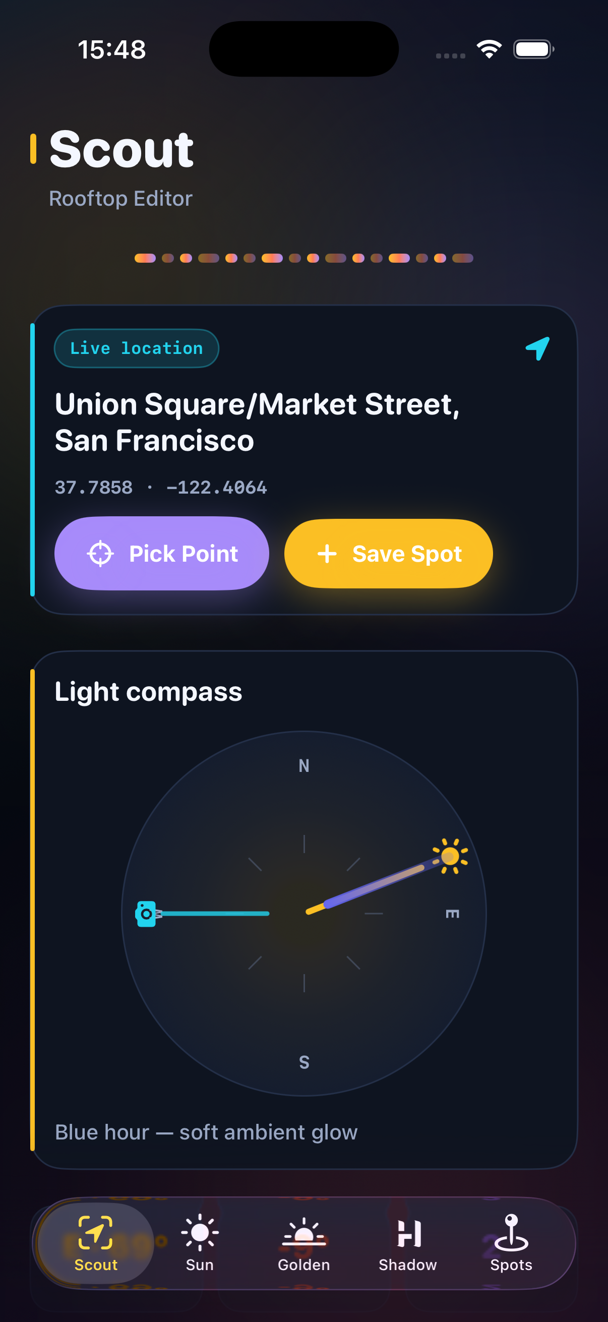 Shadow tab with shadow compass and hour preview slider